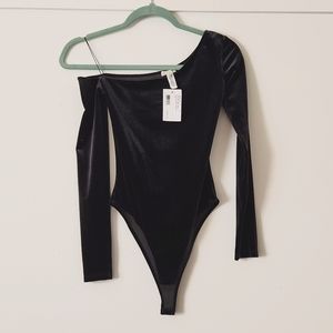 Fleur du Mal Charcoal Velvet Asymmetrical Bodysuit XS